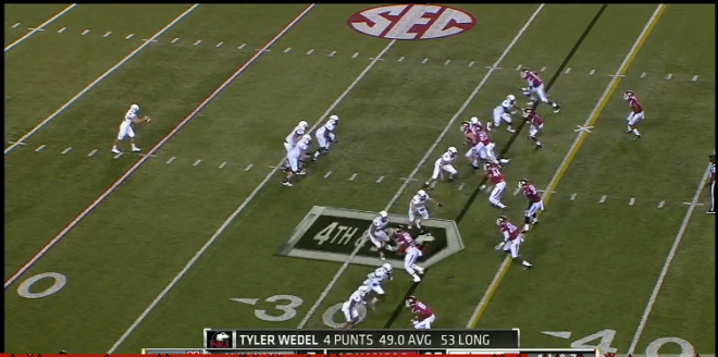 The Hogs used this "Geico" formation to stymie Northern Illinois' fake punt kick attempt.